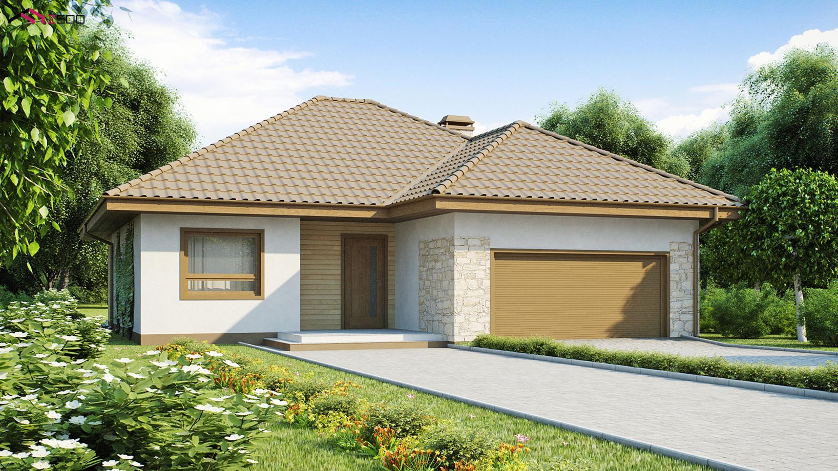 Гараж с вальмовой крышей с навесом