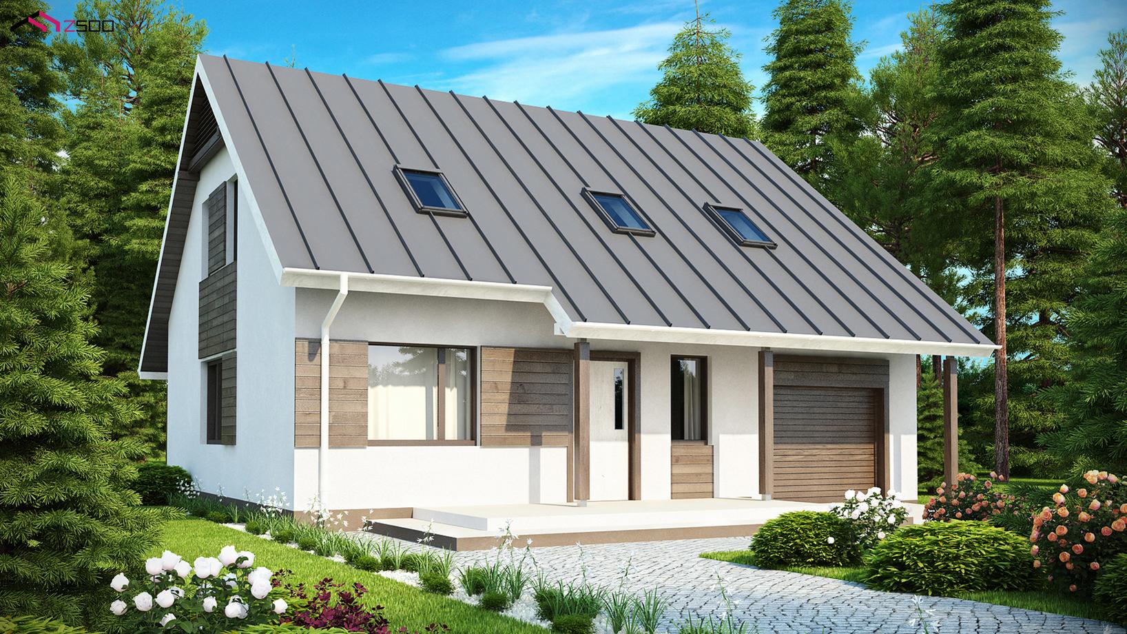 Дом с двухскатной крышей и крыльцом