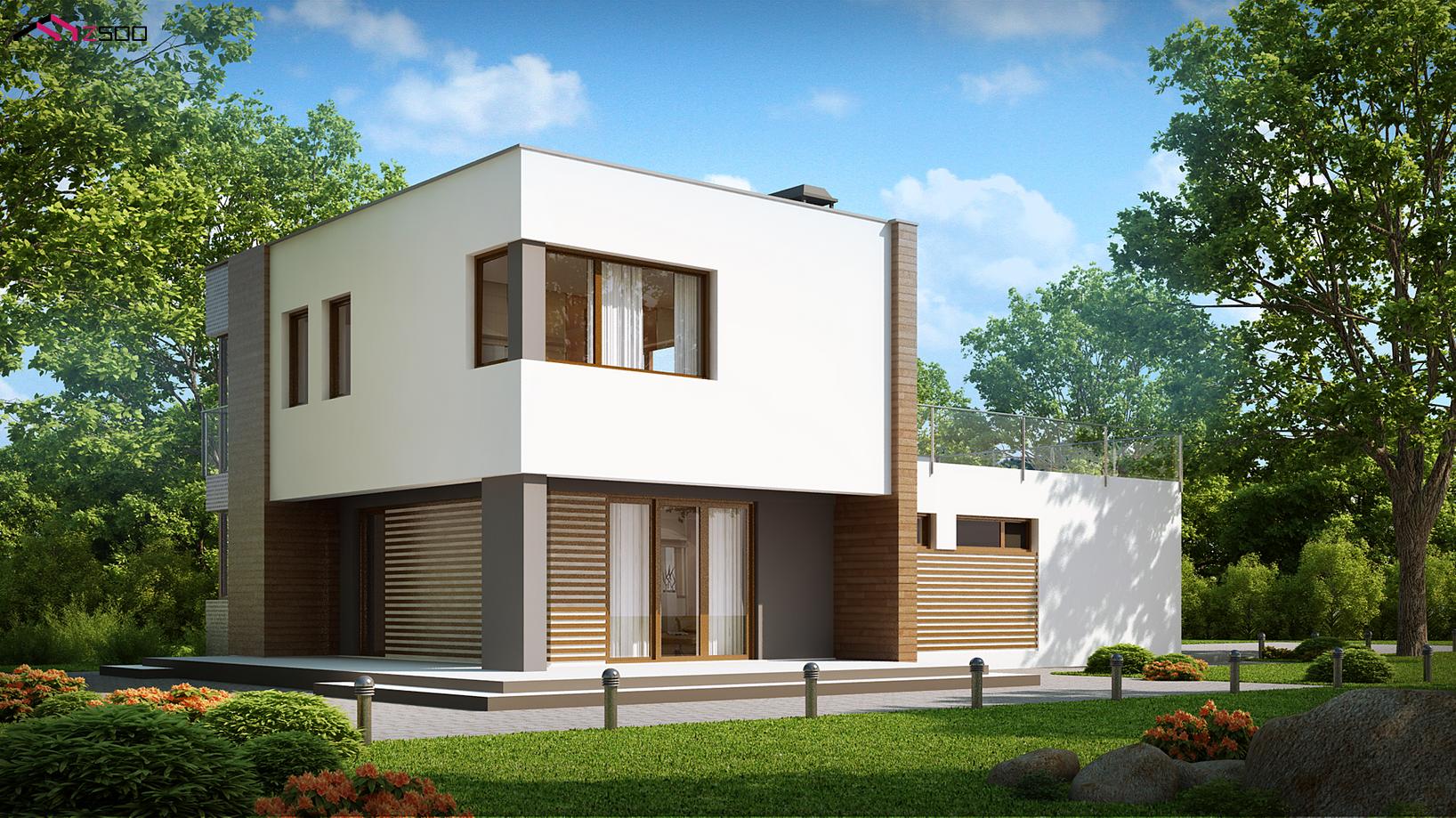 Дом с прямой крышей и балконом