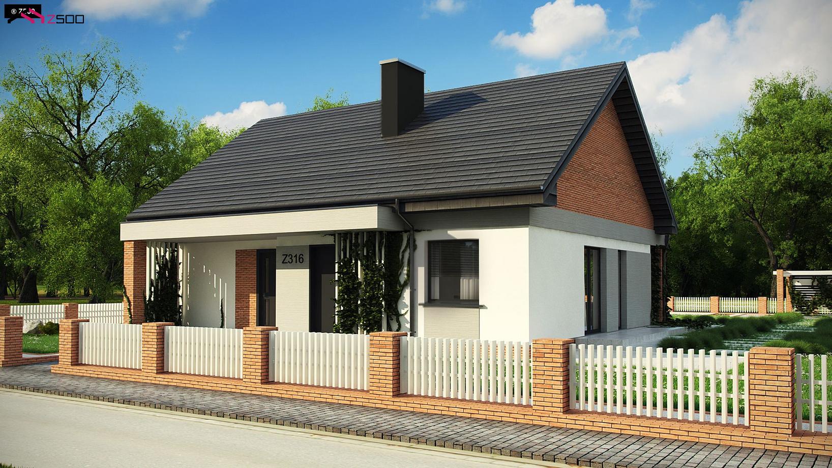 Дом с двухскатной крышей и крыльцом