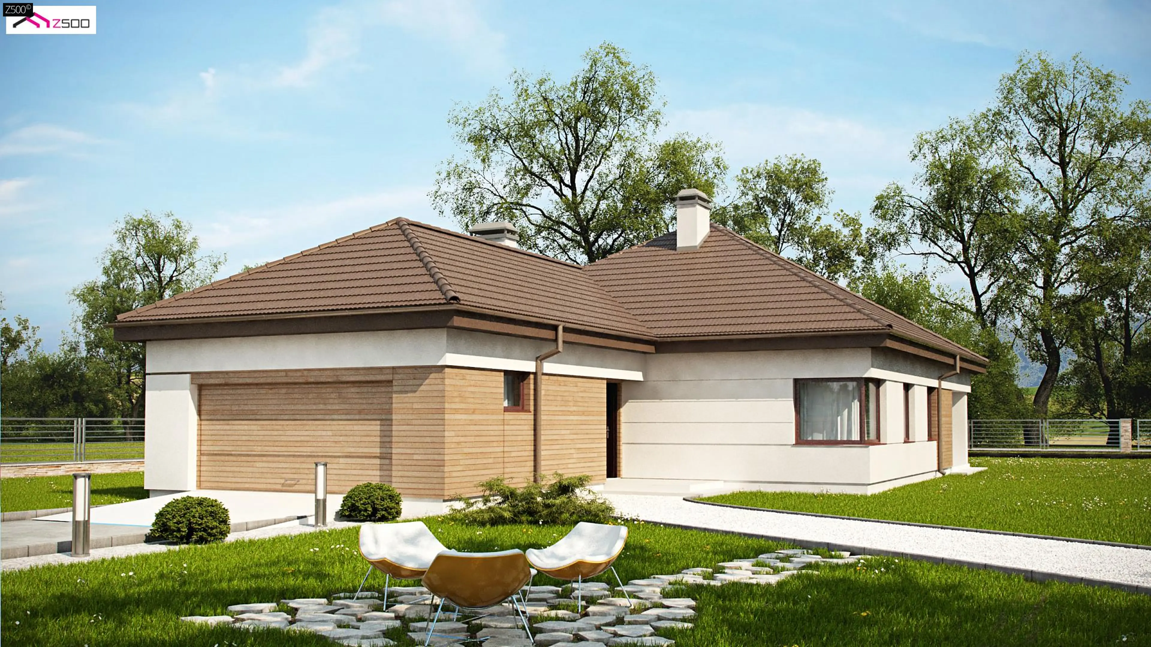 Z423 Современный одноэтажный дом с многоскатной крышей и гаражом на две машины. 