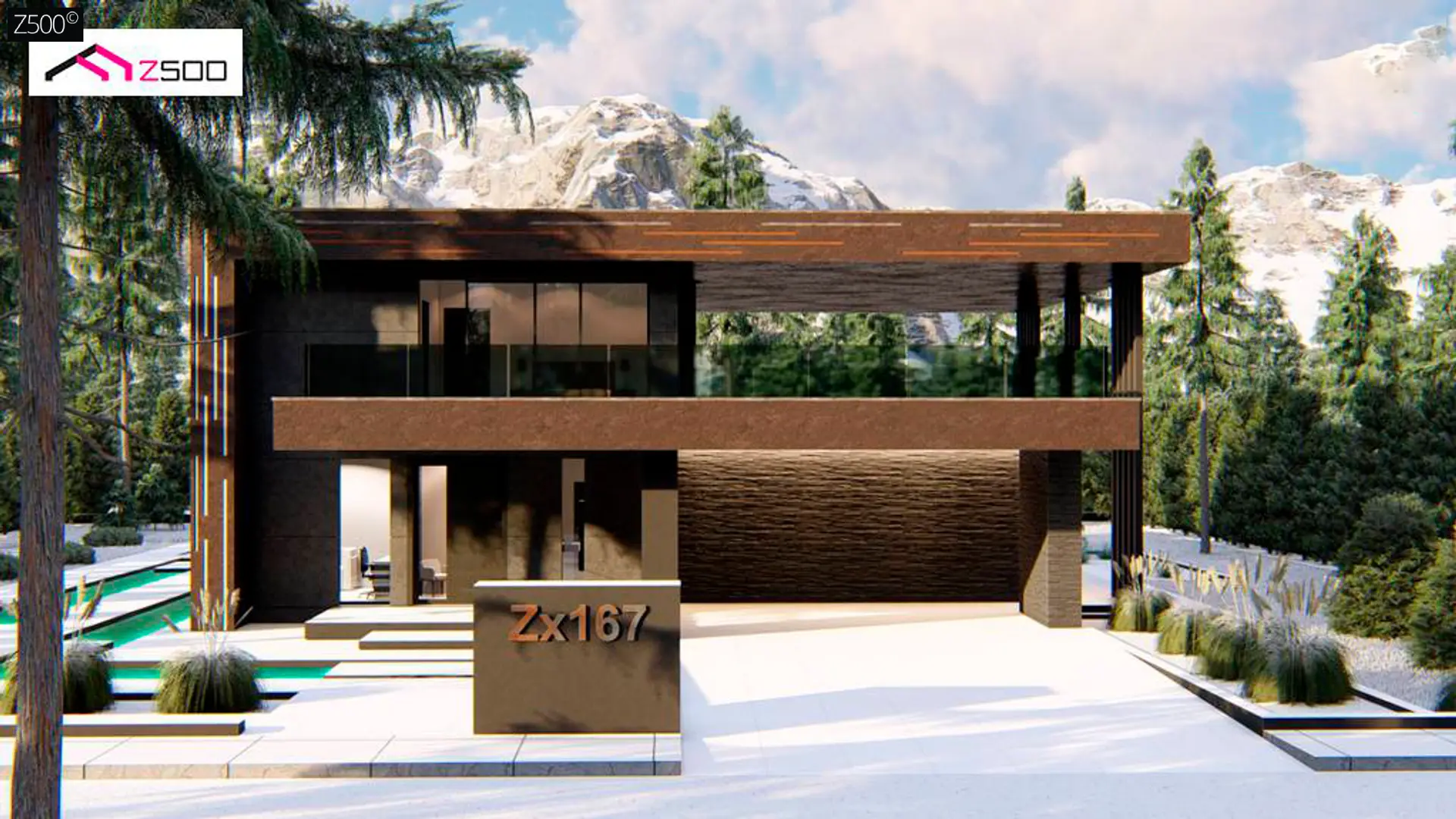 Z500. Z255 Проект одноэтажного дома с 2 спальнями и большой террасой