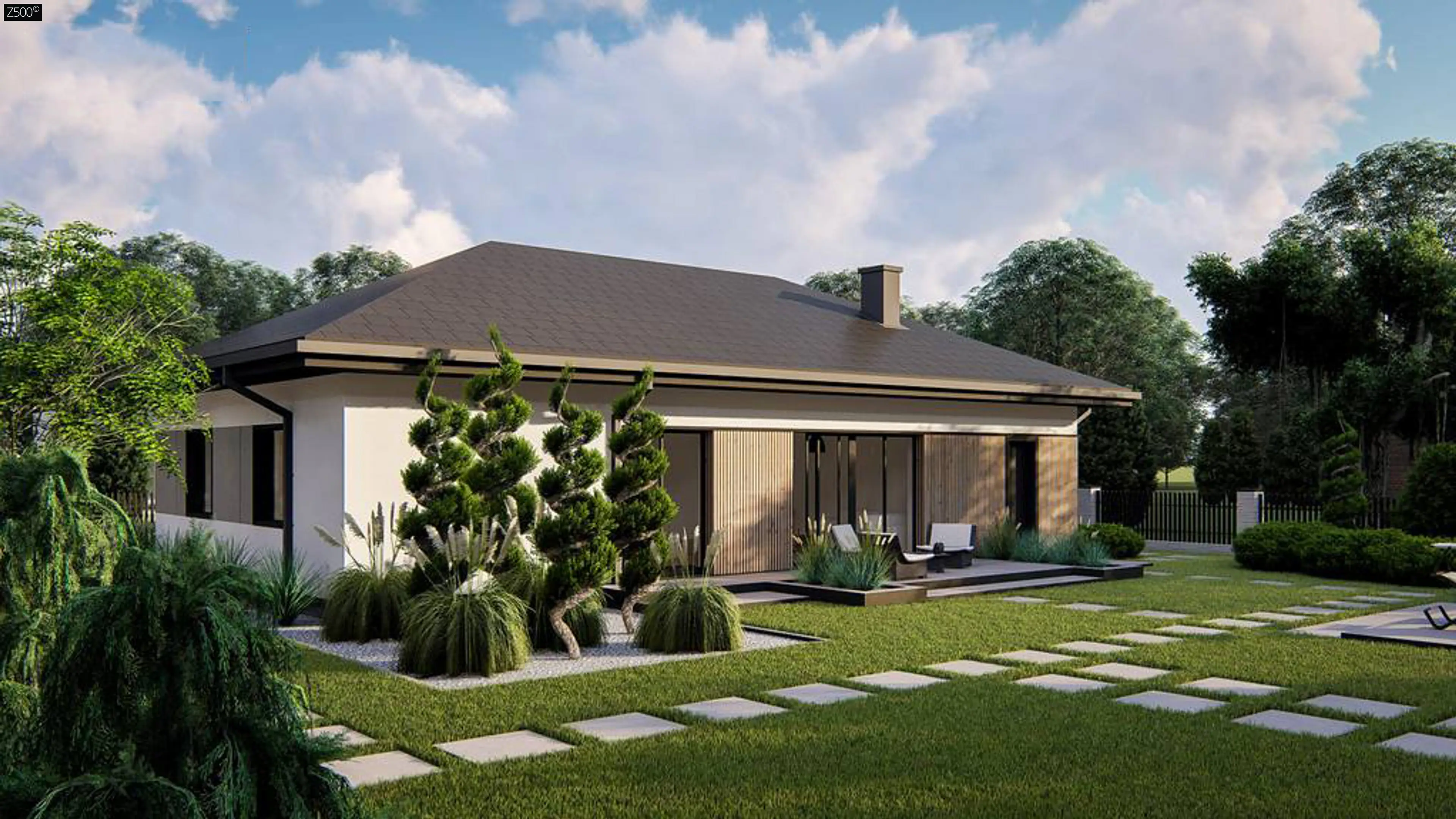 Проект бунгало одноэтажное s-143. Z 500 проект z423. Z500 проекты одноэтажных с террасой. Одноэтажный дом в стиле райта 150 кв м. Одноэтажный коттедж.