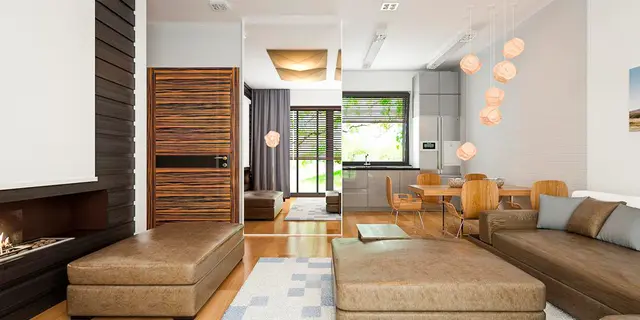 готовый проект дома Z428 – дизайн интерьера, Современный одноэтажный дом с гаражом на одну машину, расположенным с левой стороны здания.