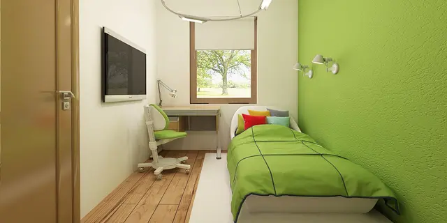 готовый проект дома Z11 – дизайн интерьера, Маленький одноэтажный дом с двускатной кровлей, недорогой в строительстве и эксплуатации. 