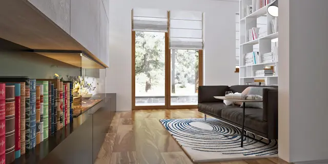 готовый проект дома Z16 – дизайн интерьера, Компактный одноэтажный дом с большой крытой террасой.