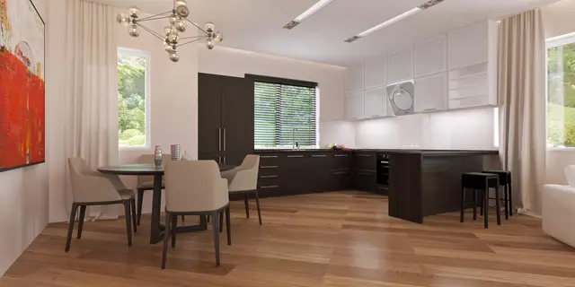 готовый проект дома Z35 – дизайн интерьера, Просторный одноэтажный дом с тремя спальнями и большим гаражом.