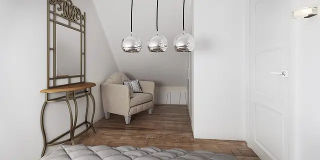 готовый проект дома Z39 – дизайн интерьера, Маленький, уютный дом с мансардой, двускатной крышей и c фронтальной террасой.