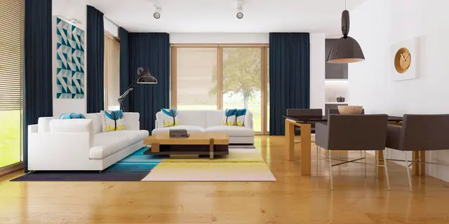 готовый проект дома Zx35 GL – дизайн интерьера, Современный одноэтажный дом с большой светлой гостиной и гаражом