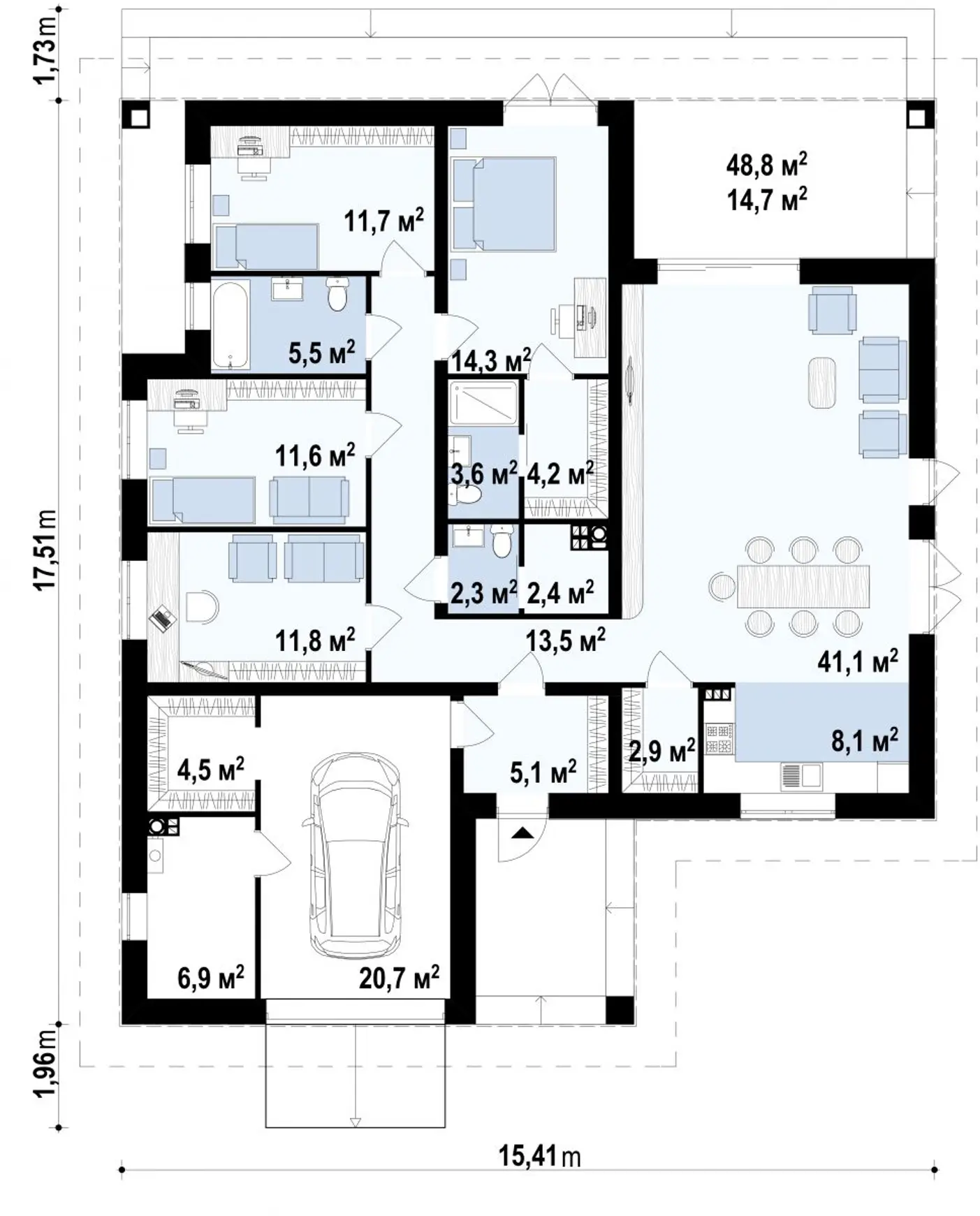 Z500. Проект Z379 одноуровневого дома с 4 спальнями, гаражом и отдельной  котельной 184 м2